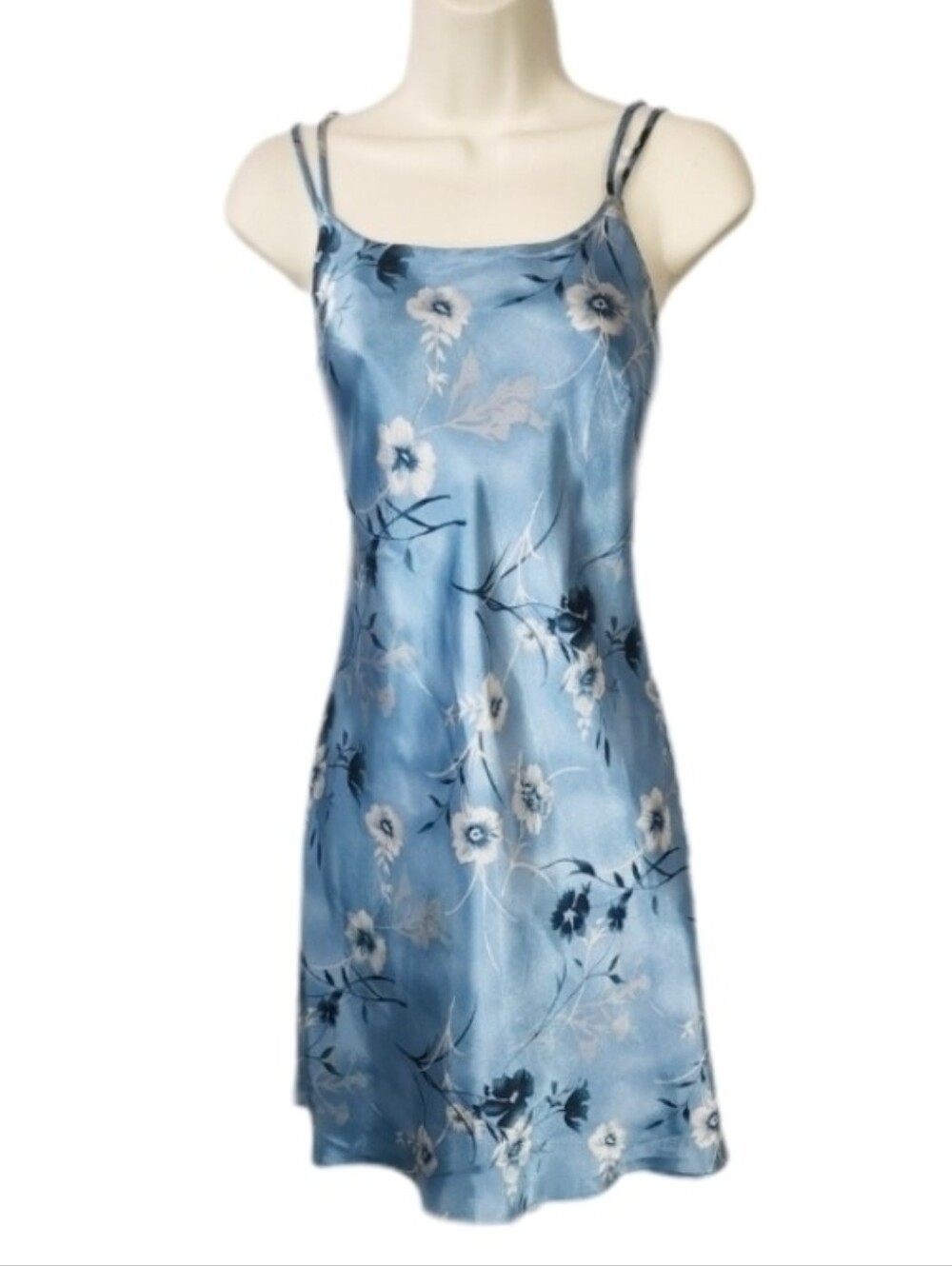 Slip Dress Corset Back Floral Satin with Lace-Up Back Blue Size S